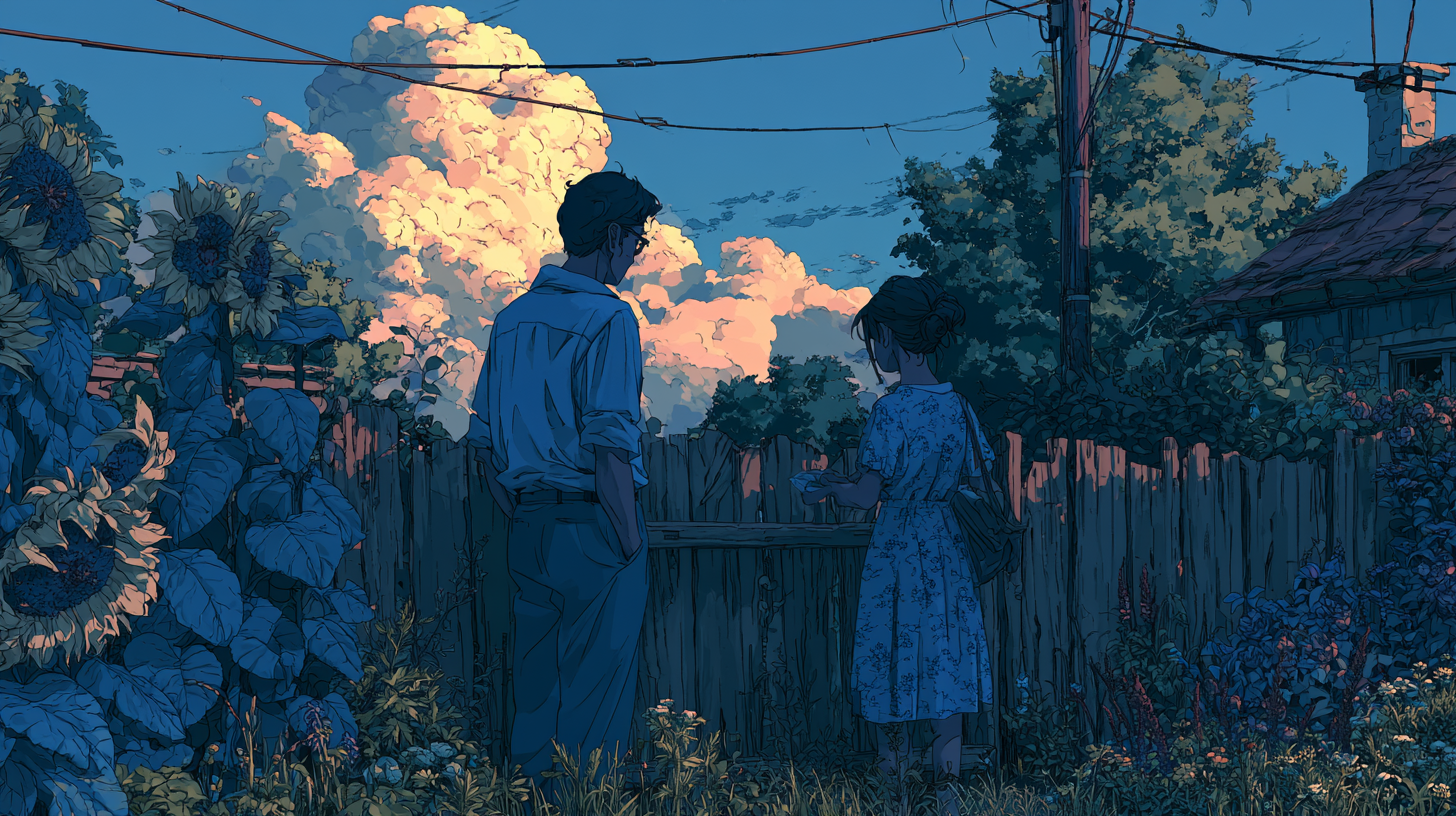 Anime-style illustration of two people standing in a garden at sunset, looking over a wooden fence toward glowing clouds in the sky.