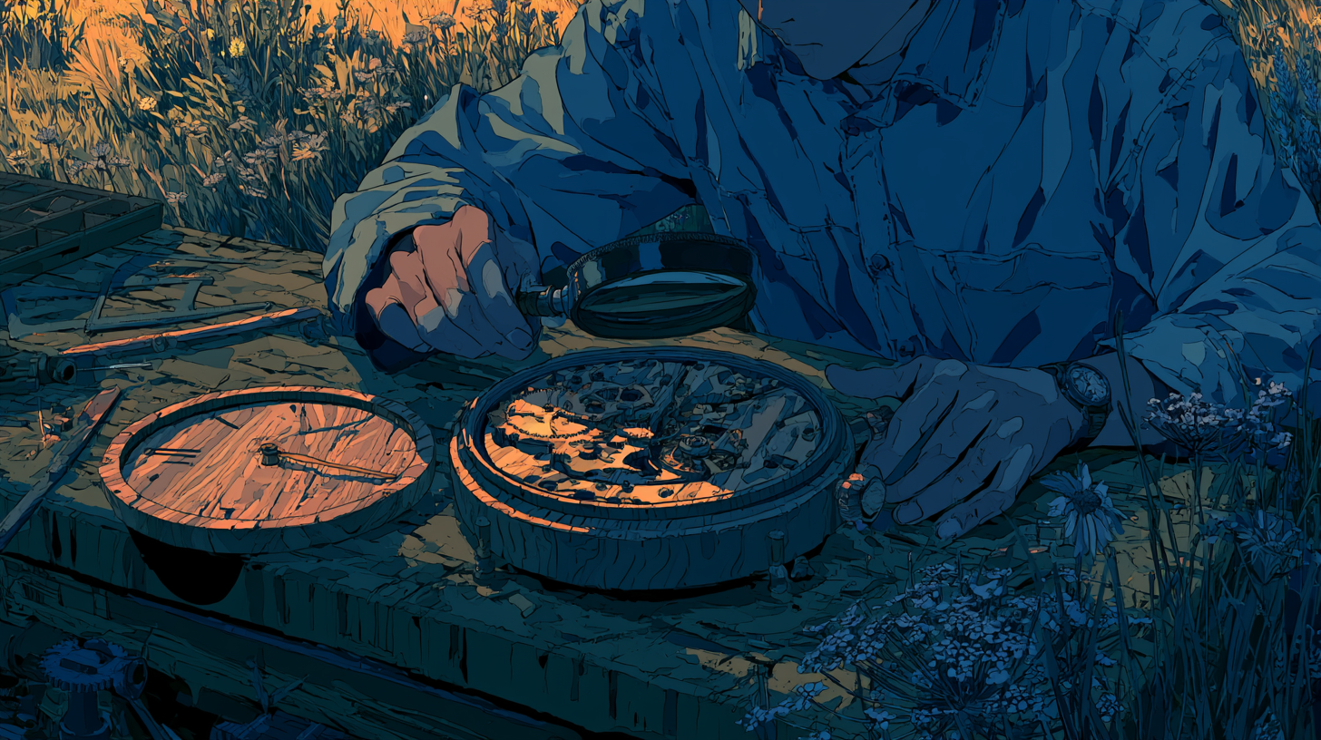 A person inspecting the inside of a pocket watch with a magnifying glass, used as the feature image for a Zoho review article.