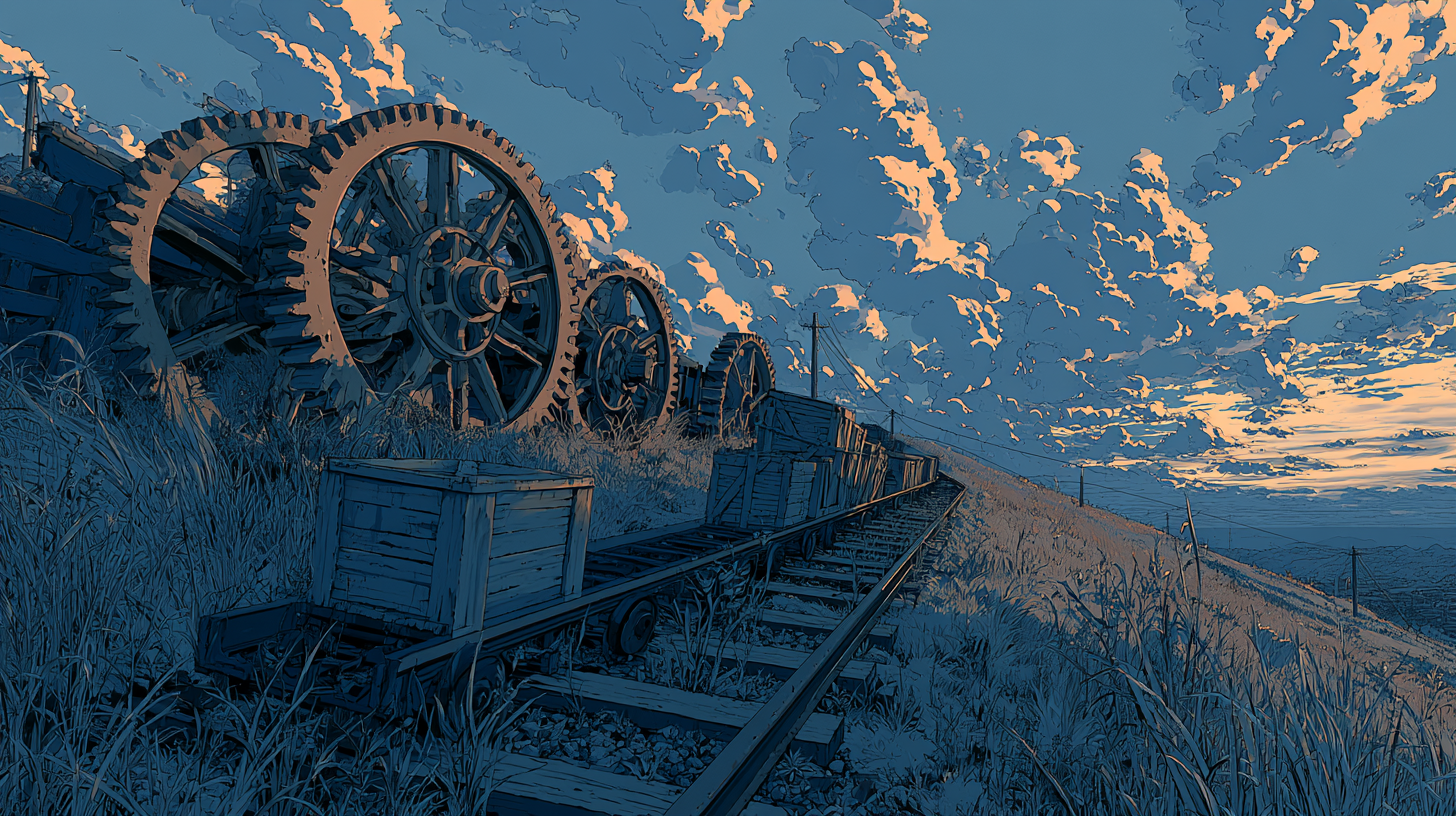 Illustration of gears and mine carts on railway tracks at sunset.