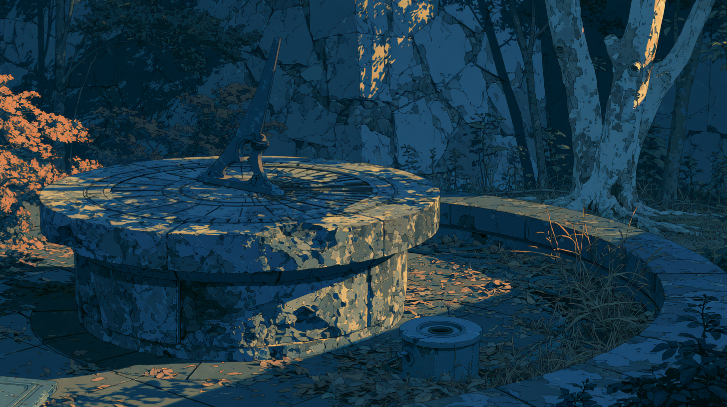 Illustration of a sundial in a wooded setting, representing average handle time.