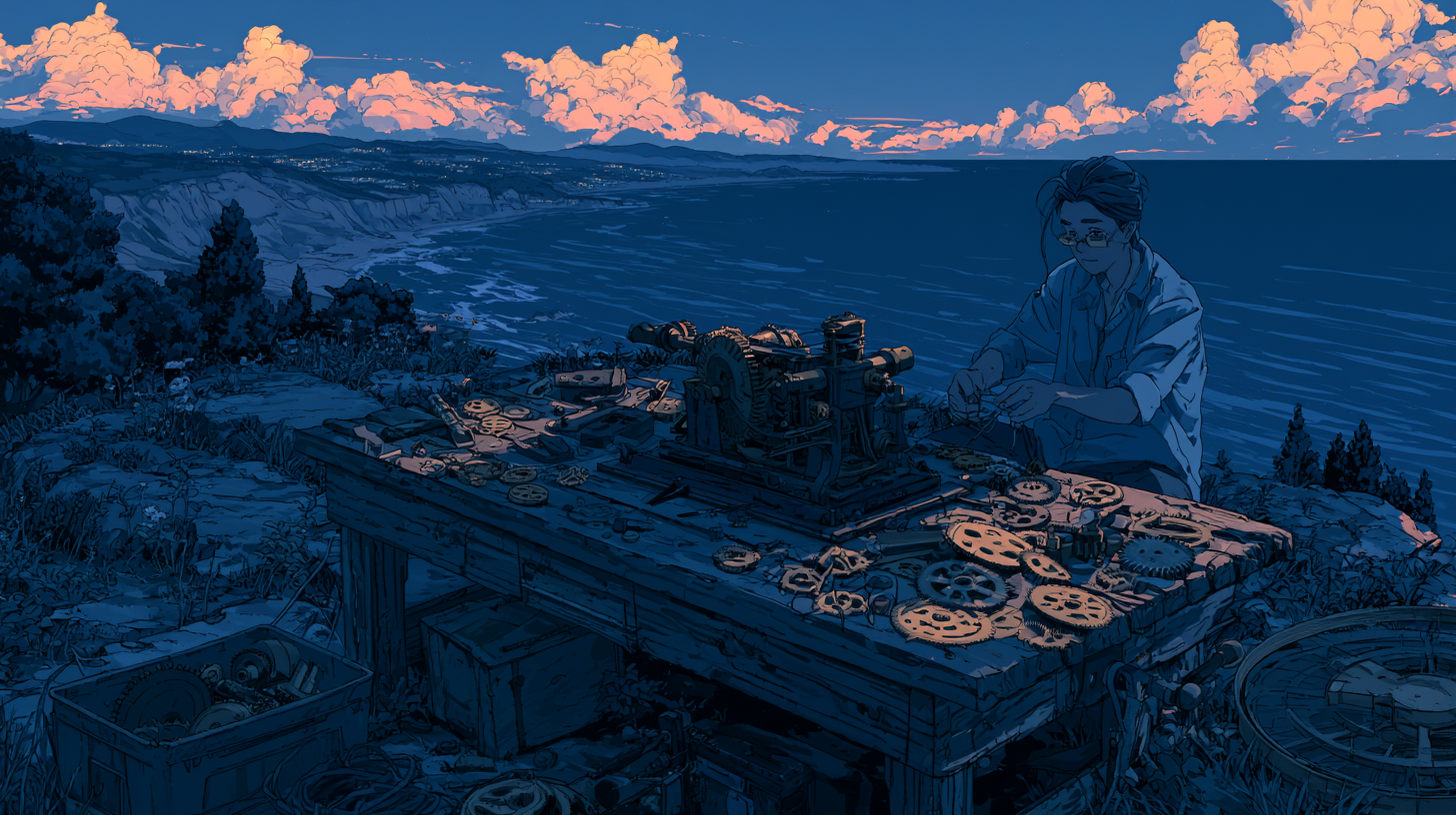 Anime-style illustration of a person building chatbot tools at a workbench overlooking the ocean at sunset.