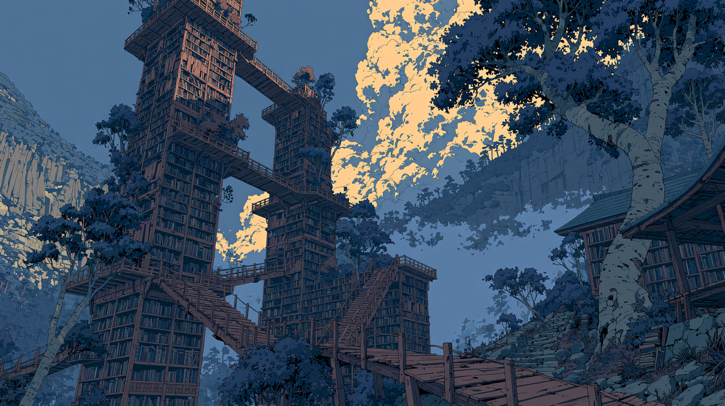 Illustrated treehouse-style library towers connected by wooden bridges in a forest, representing a corporate wiki and shared knowledge.