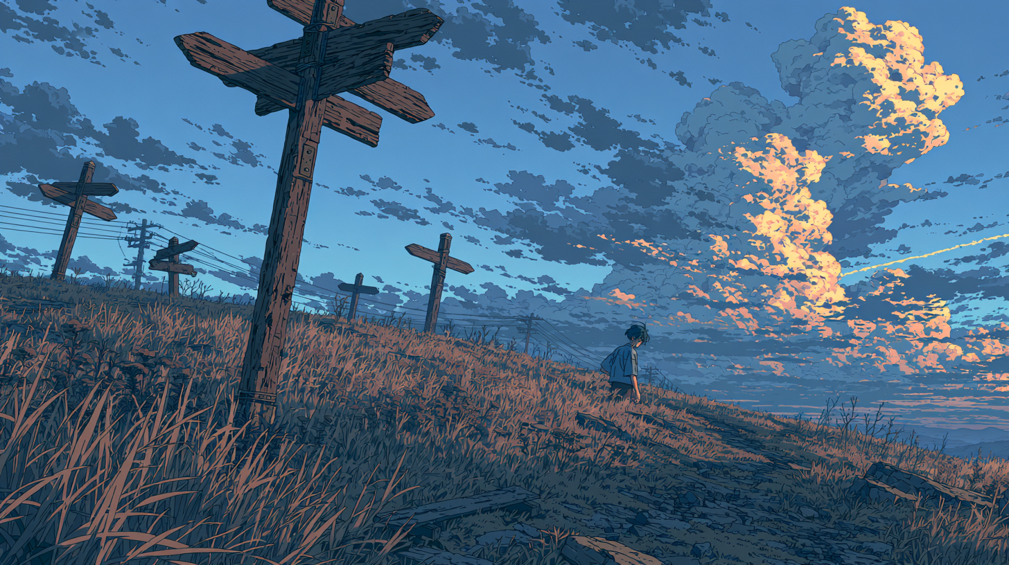 Person walking through a field of signposts at sunset, representing the search for the right Crisp alternative.