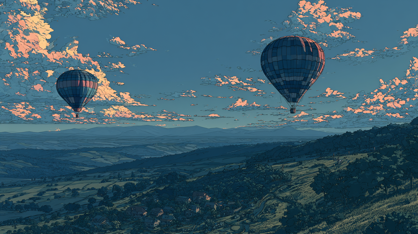 Two hot air balloons floating over a valley, representing a comparison between Crisp and Zendesk.  Caption: