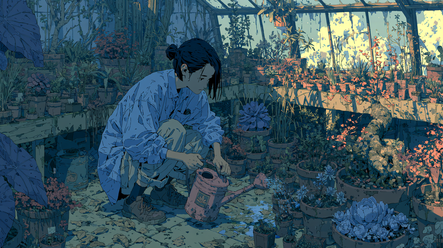 Illustration of a person carefully watering potted plants in a sunlit greenhouse.