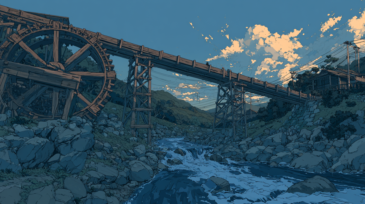 Illustration of a waterwheel and wooden channel guiding a river, representing customer experience automation.