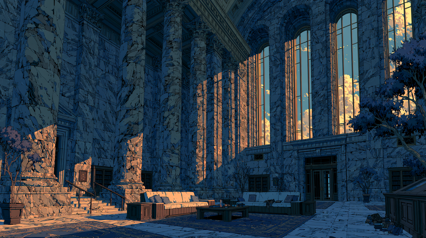 Grand bank interior with tall columns and windows, representing customer experience in banking.
