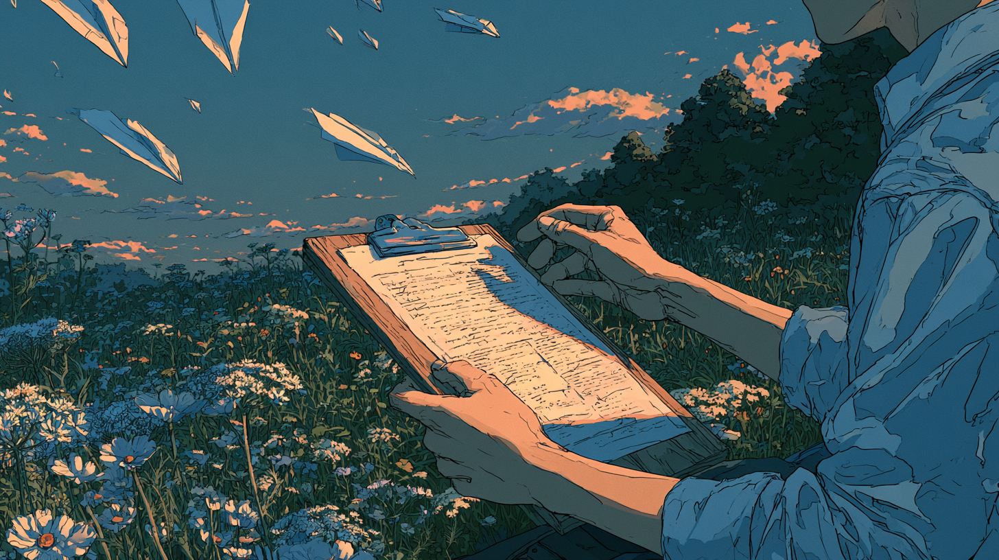 Illustration of a person writing on a clipboard in a flower-filled field, representing customer feedback surveys.