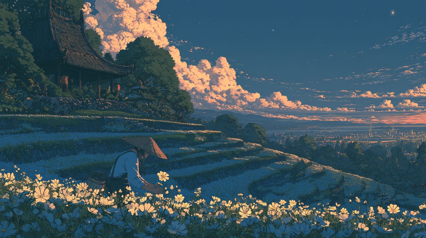 A person carefully tends a flower field, representing customer obsession and attention to customer needs.