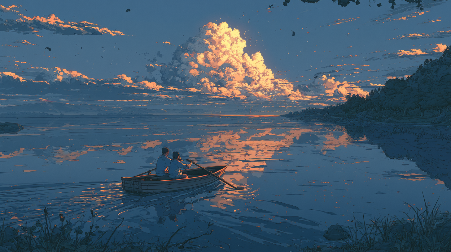 Two people rowing together across a calm lake at sunset, representing trust and connection in customer rapport.