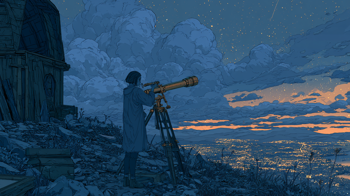 Illustration of a person looking through a telescope over a glowing city at dusk.
