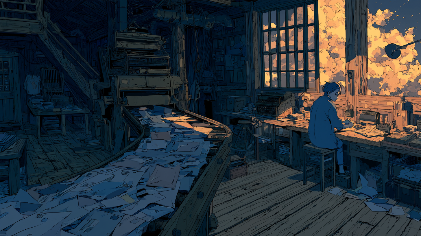Illustration of a person working at a desk in a cluttered room, used for a customer service bots guide.