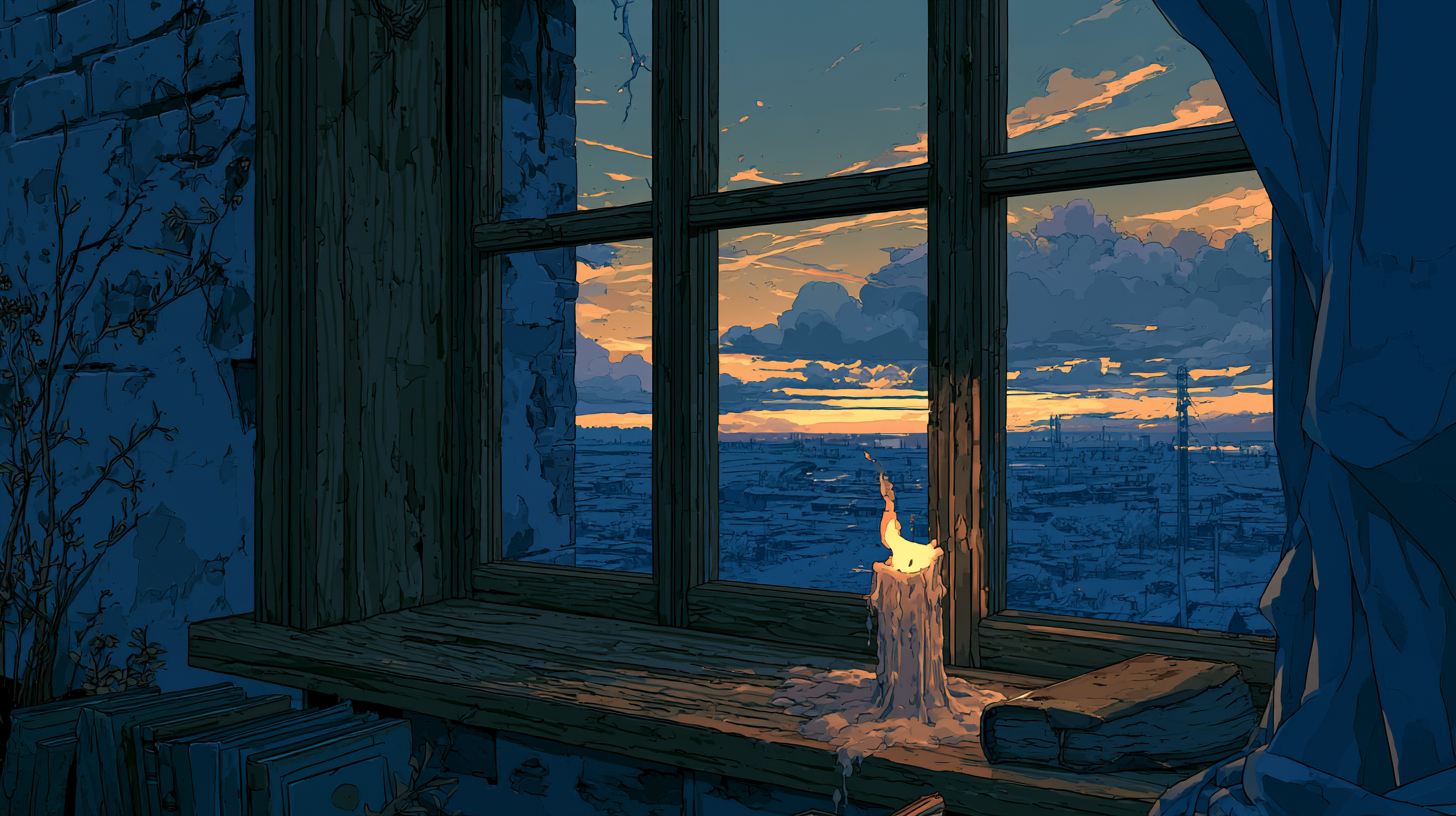 Illustration of a candle burning beside a window at dusk, symbolizing customer service burnout.