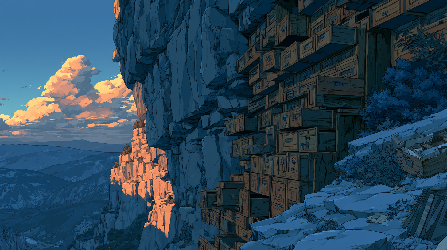Illustration of stacked case files built into a snowy cliffside at sunset.