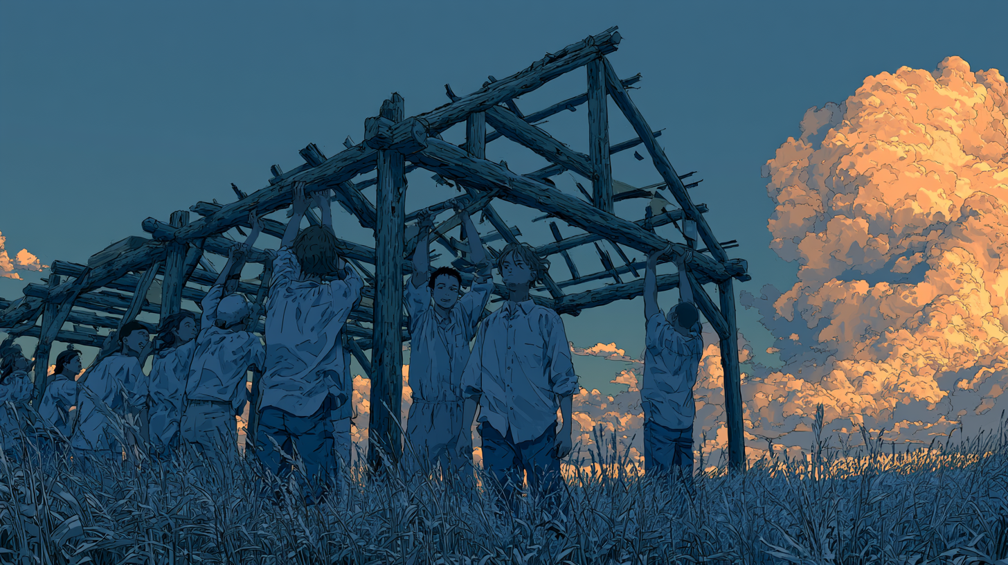 Illustration of a support team standing under an unfinished wooden frame, symbolizing customer service collaboration.