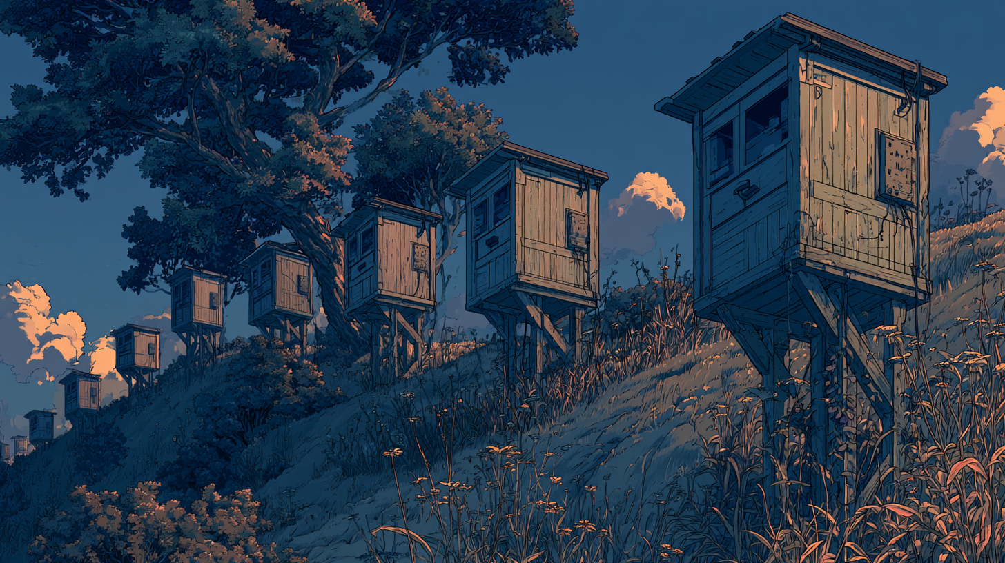 Anime-style illustration of multiple wooden service booths lined up on a grassy hillside at sunset.