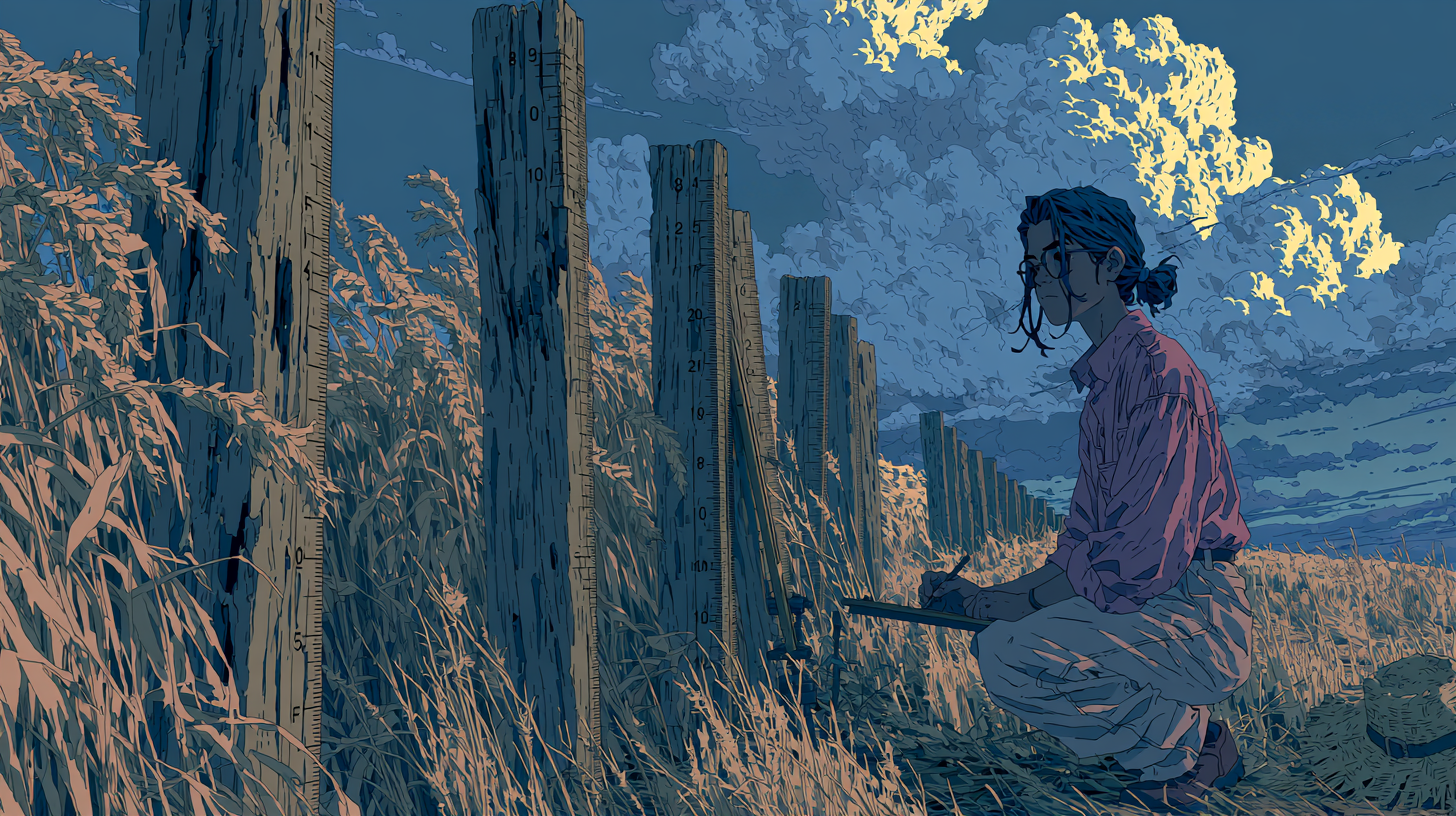 Illustration of a woman measuring customer success metrics beside numbered wooden posts in a grassy field.