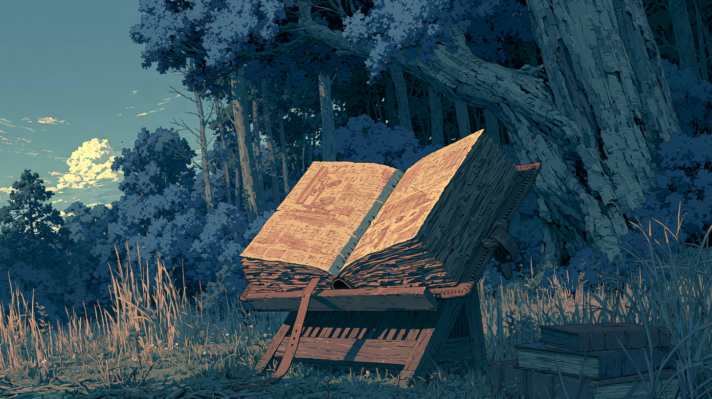 Open playbook on a wooden stand in a forest, representing a customer success strategy guide.
