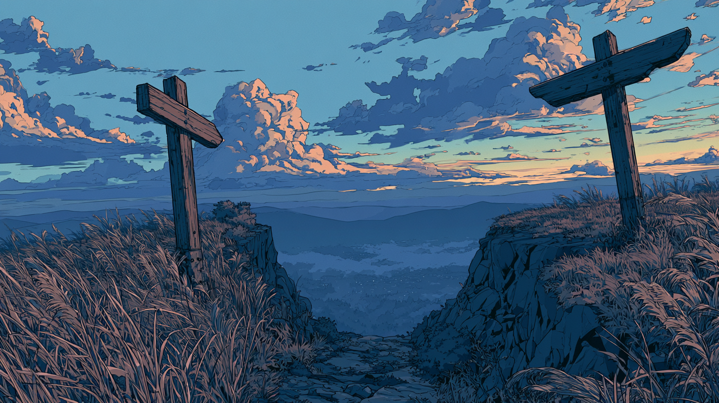 Illustration of two signposts on separate paths overlooking a mountain valley at sunset.