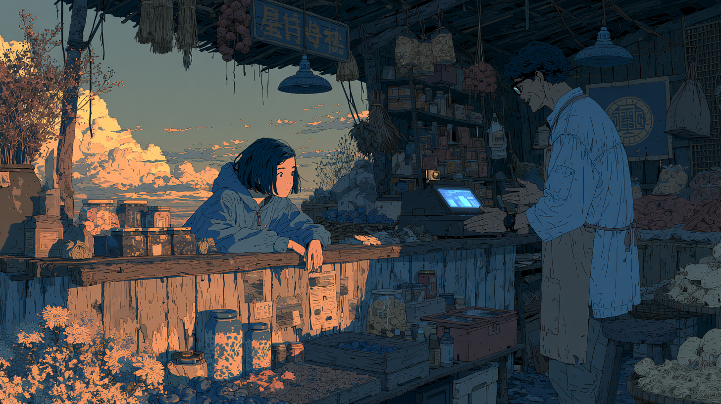 Illustration of a customer and shopkeeper interacting at a market counter, representing digital customer engagement.