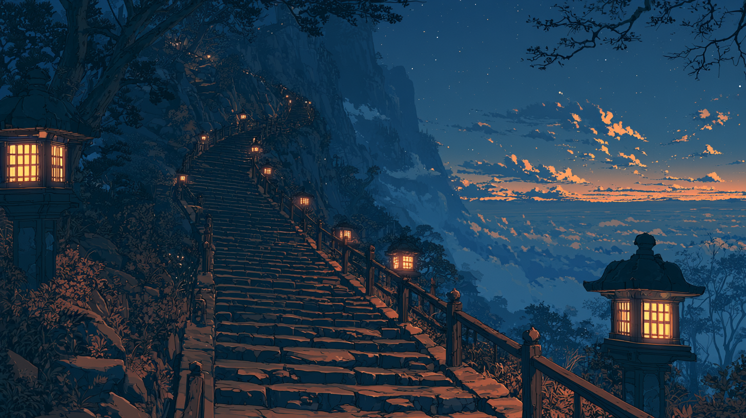 A lantern-lit staircase climbing a mountain, representing the escalation management process.