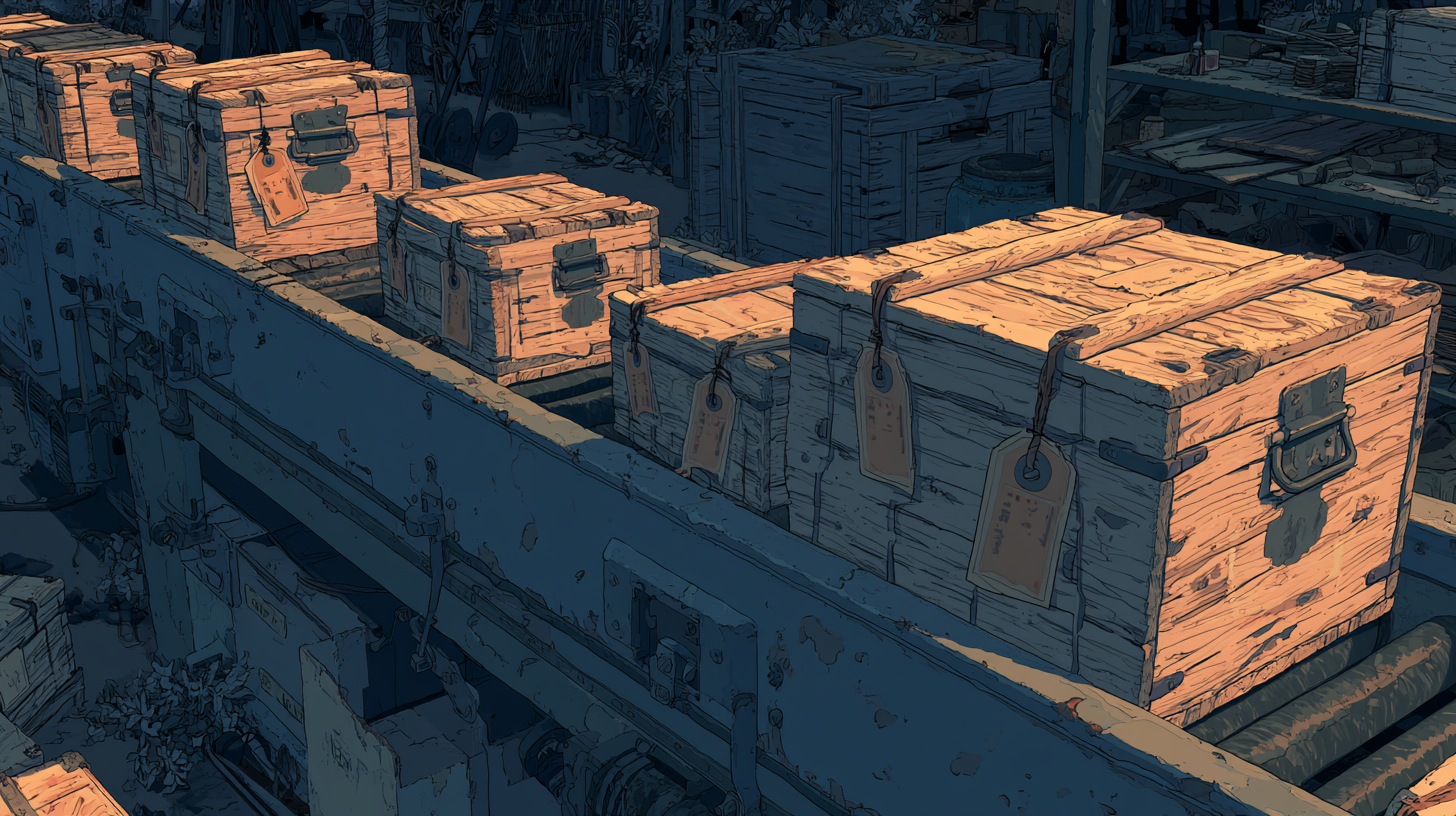 Wooden crates moving along a conveyor belt, representing Intercom Fin AI pricing and usage costs.