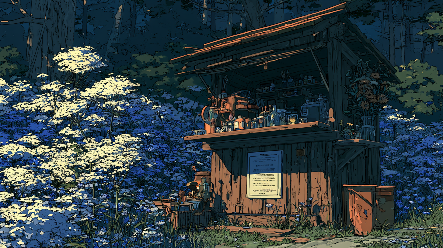 Anime-style illustration of a small wooden customer service booth surrounded by white and blue flowers.
