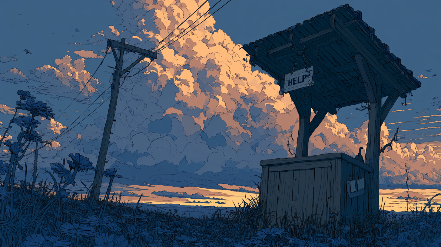 Anime-style illustration of a small help booth under power lines with dramatic sunset clouds in the background.