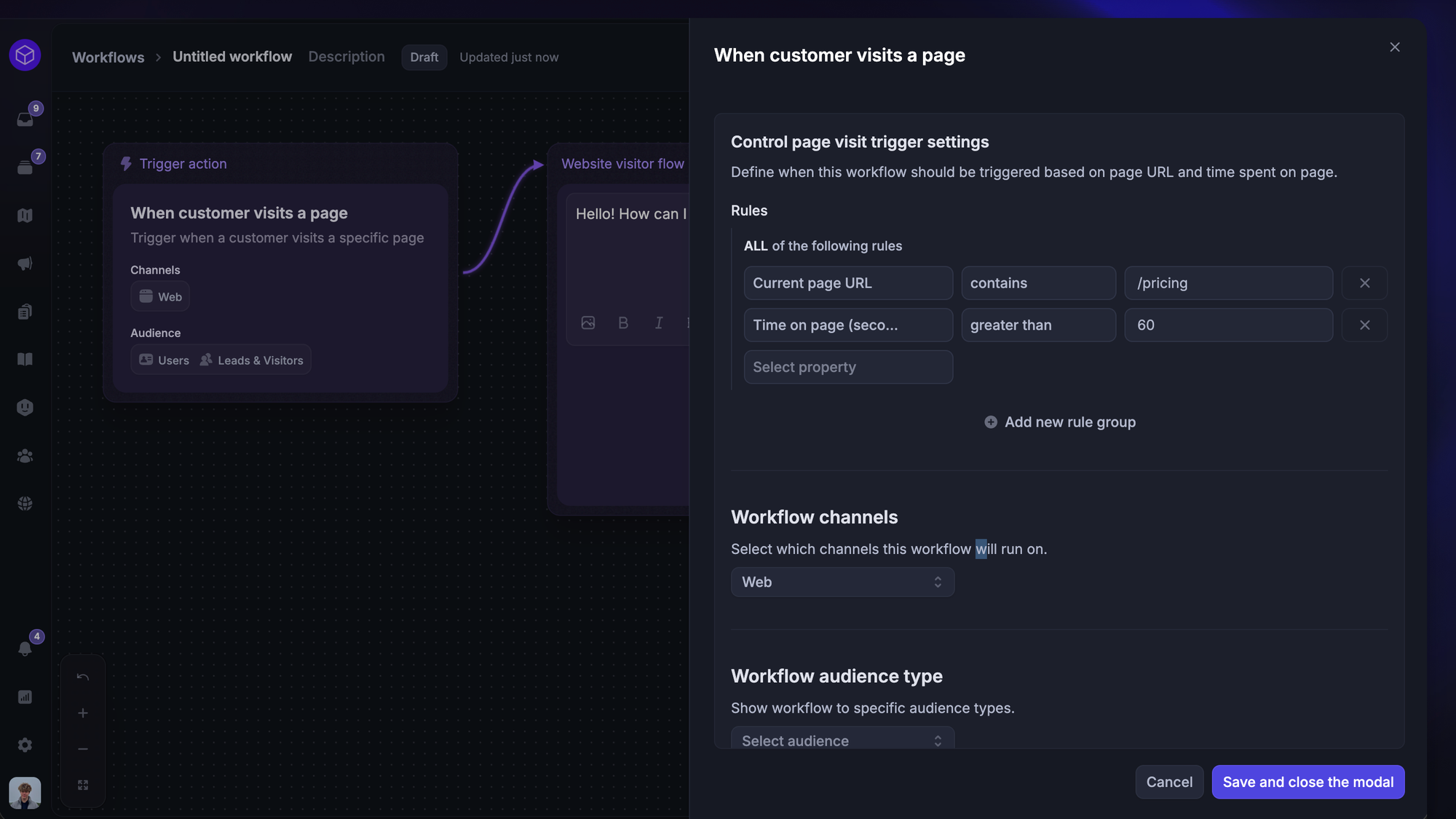 Featurebase workflow settings for triggering a message when a customer visits a specific page.