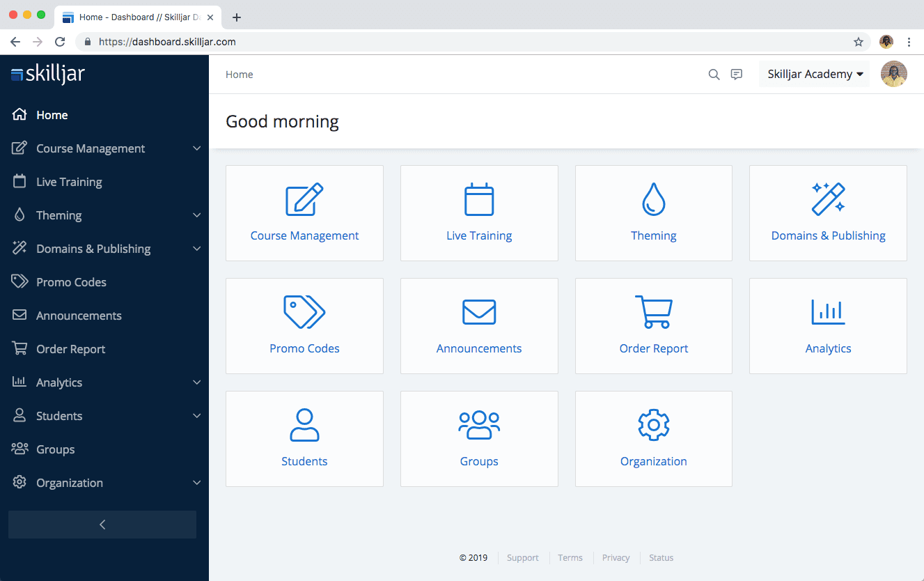 Skilljar admin dashboard showing course management, live training, theming, analytics, and student tools.