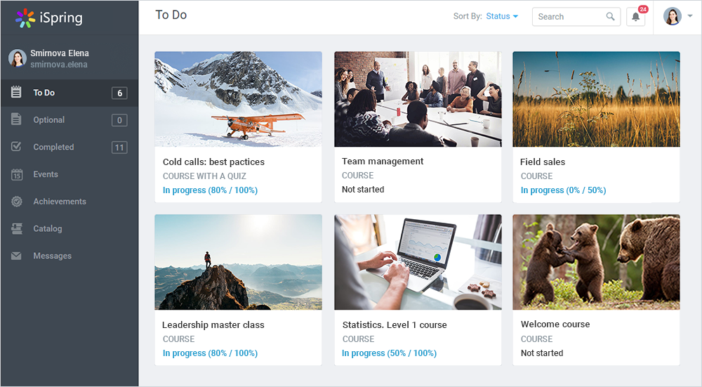 iSpring Learn dashboard showing assigned courses, progress statuses, and training content cards.