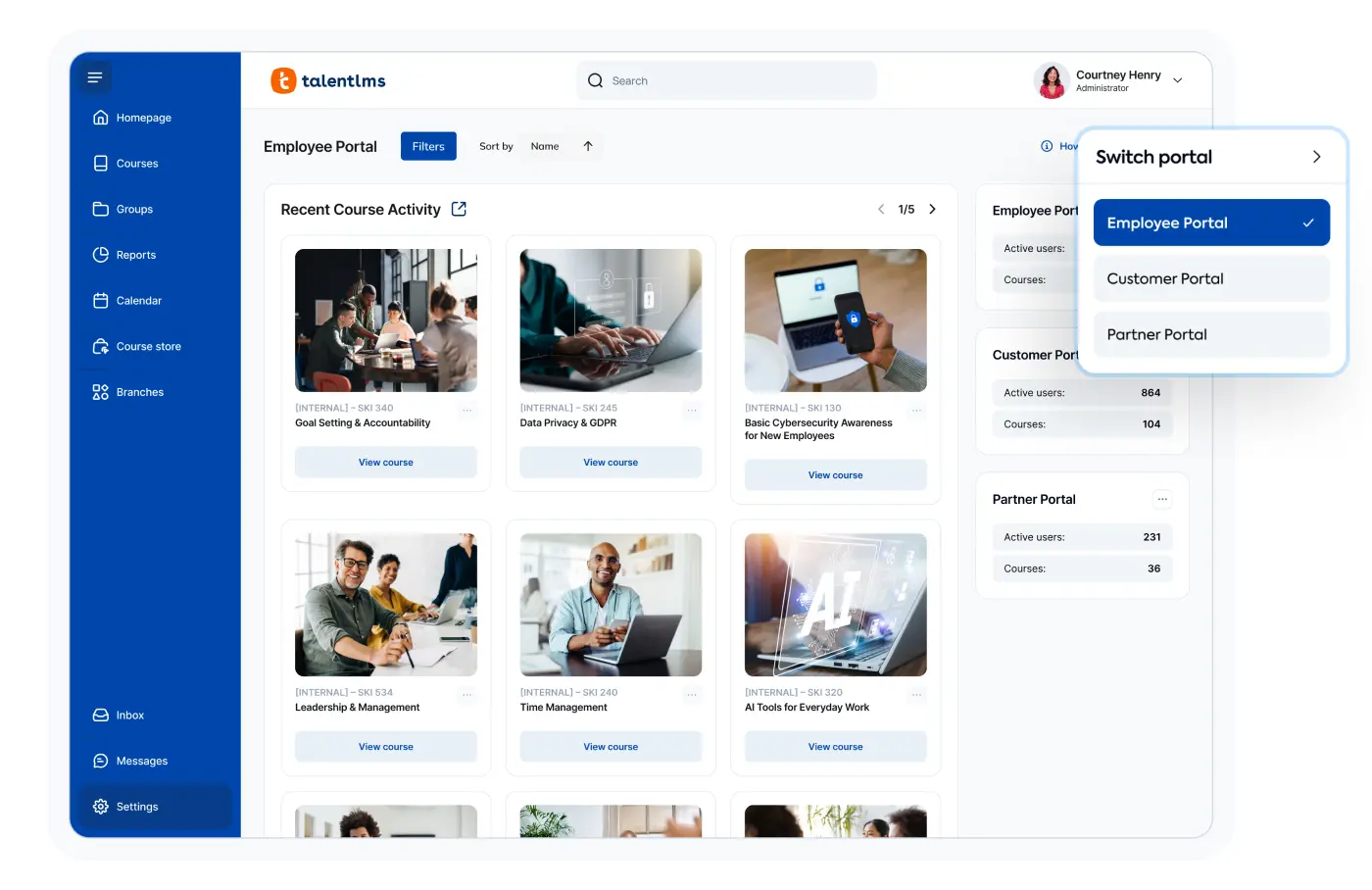 TalentLMS employee portal showing recent course activity and portal switching options.