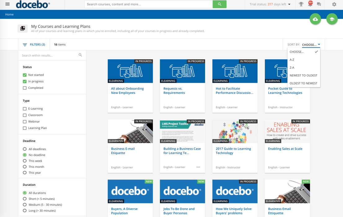 Docebo learning dashboard showing course filters, learning plans, and training content cards.