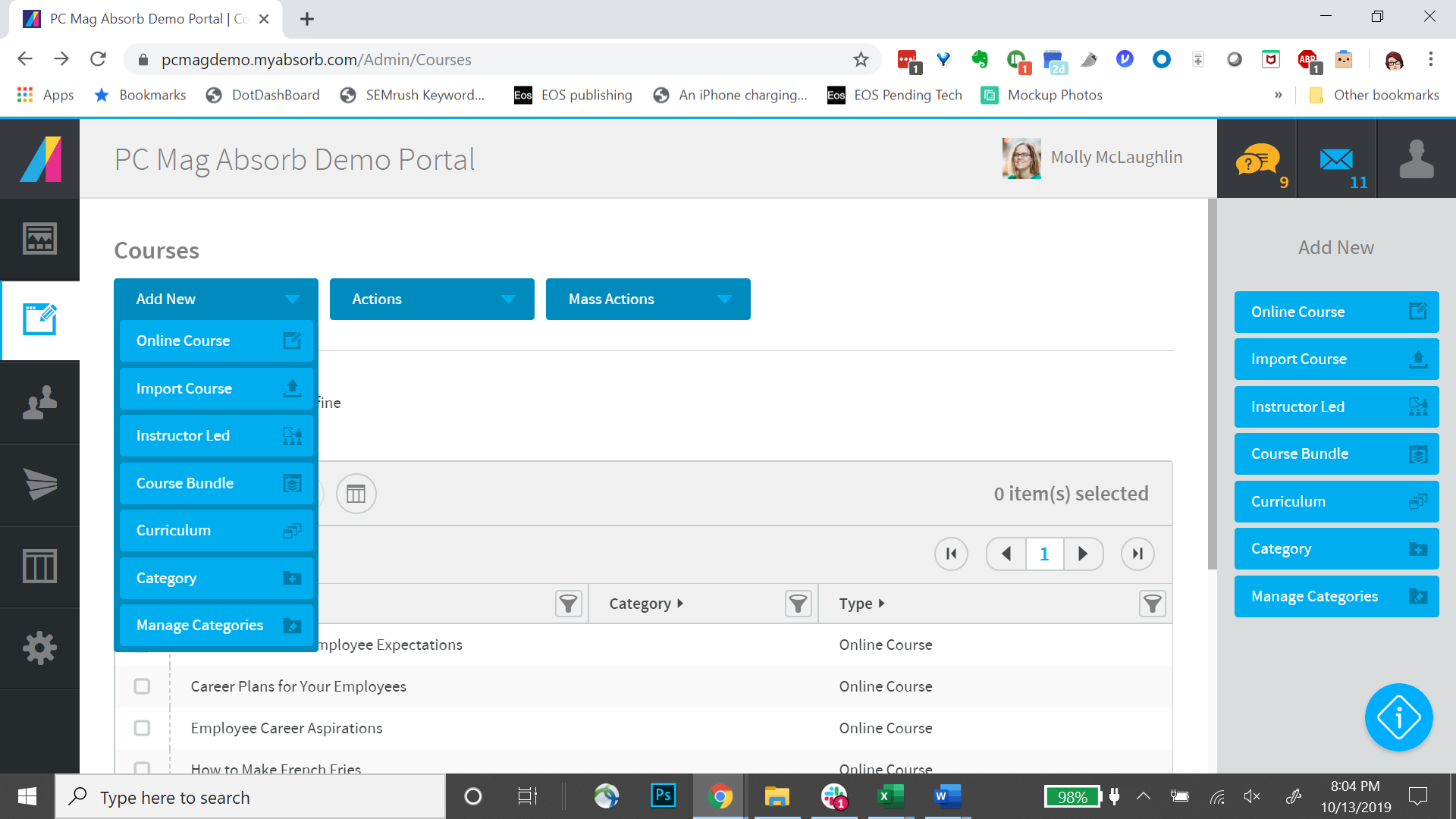 Absorb LMS admin portal showing course management options and training categories.