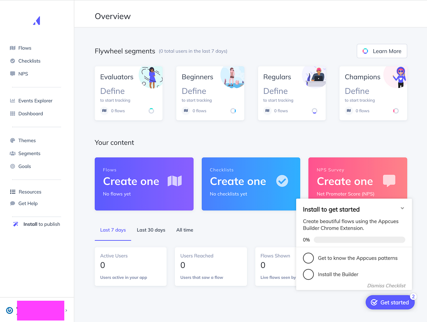 Appcues dashboard showing onboarding flows, checklists, NPS surveys, and user segments.