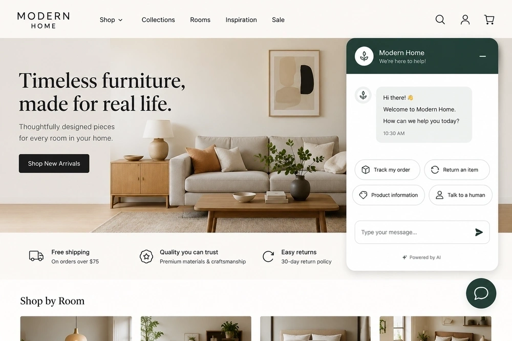 Example ecommerce website showing an AI chatbot helping a customer with orders, returns, product info, and human support.