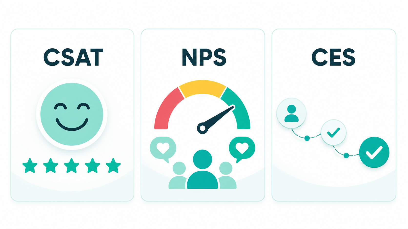 Graphic showing CSAT, NPS, and CES customer experience metrics with simple icons.