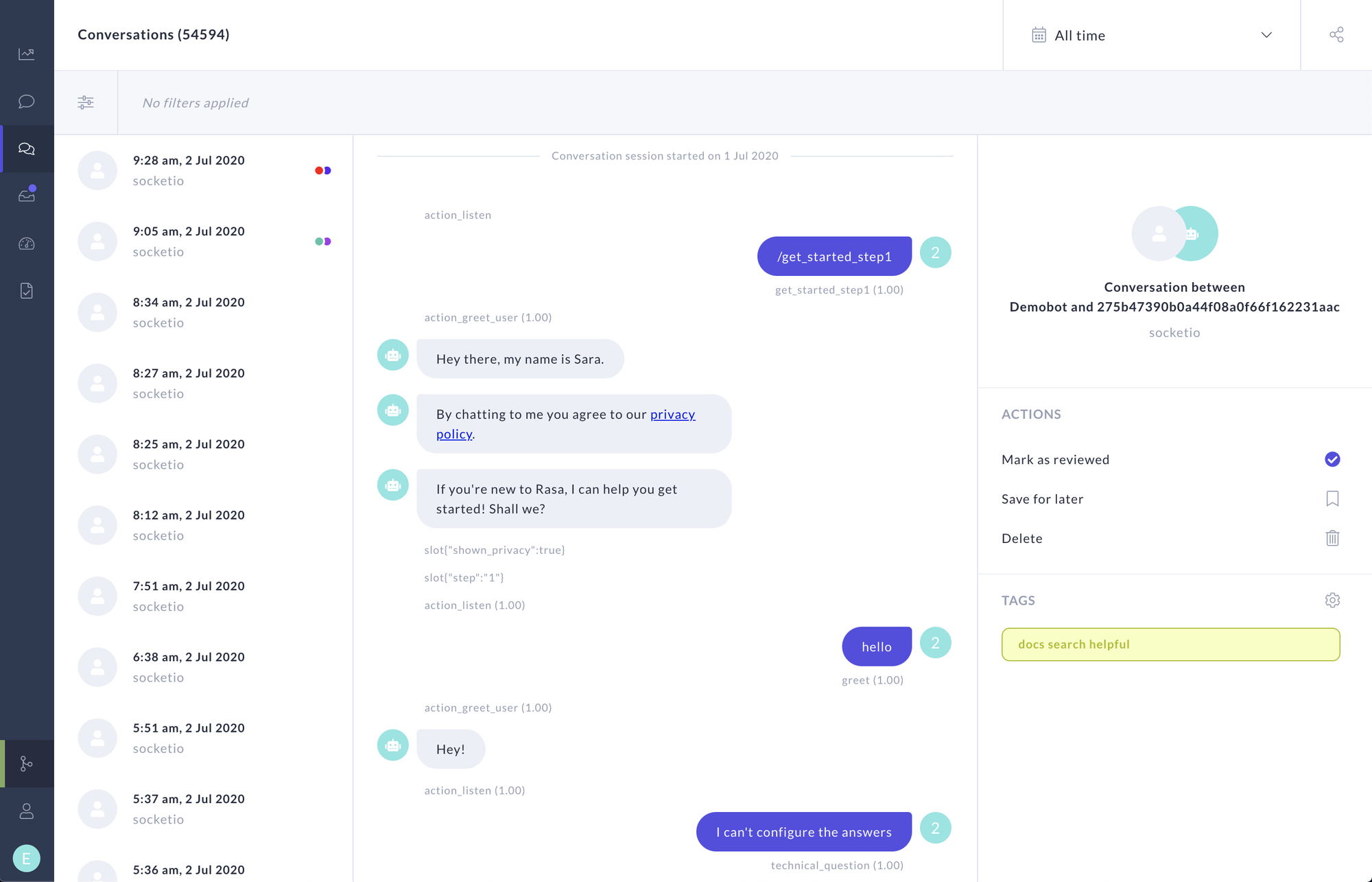 Rasa conversation dashboard showing chatbot messages, conversation history, actions, and tags.