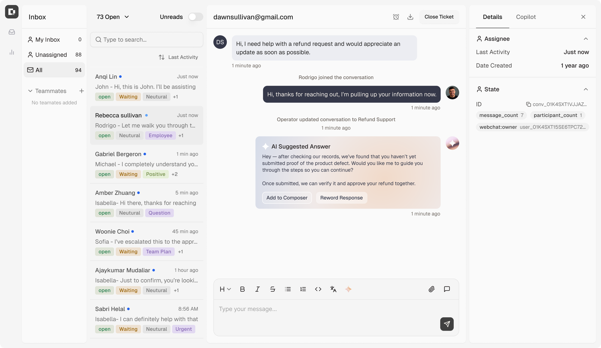 Botpress inbox showing customer conversations, AI-suggested replies, ticket details, and agent controls.