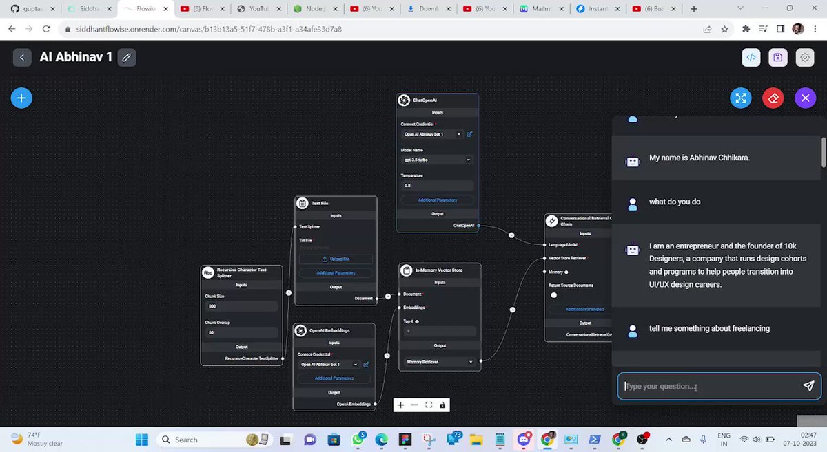 Flowise visual chatbot builder with connected workflow nodes and a live chat preview.
