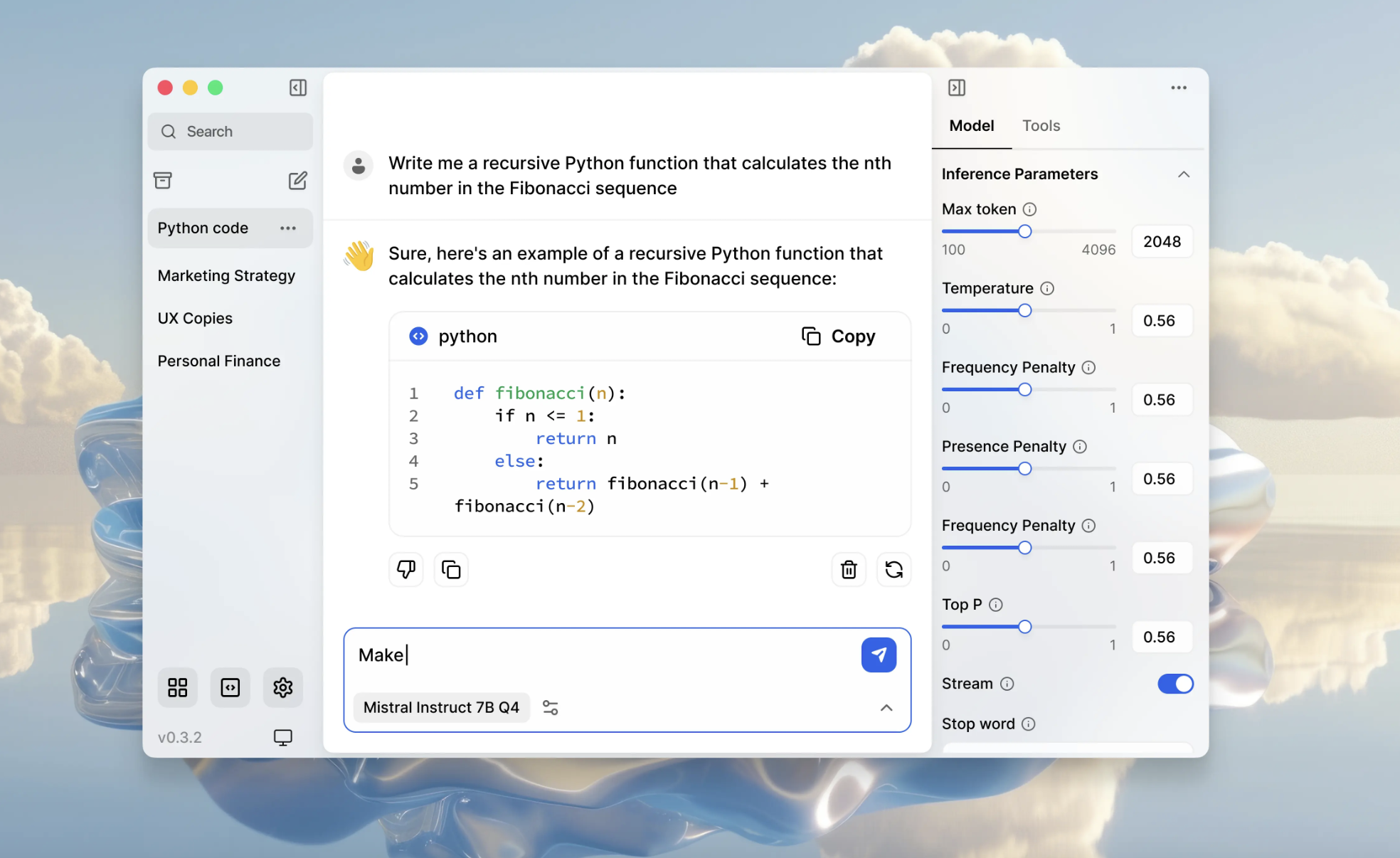 Jan desktop AI assistant showing a Python response, model selection, and inference settings.