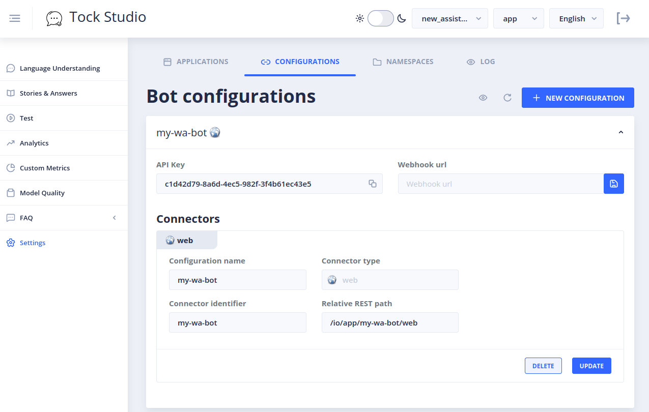 Tock Studio bot configuration page showing an API key, webhook URL, and web connector settings.