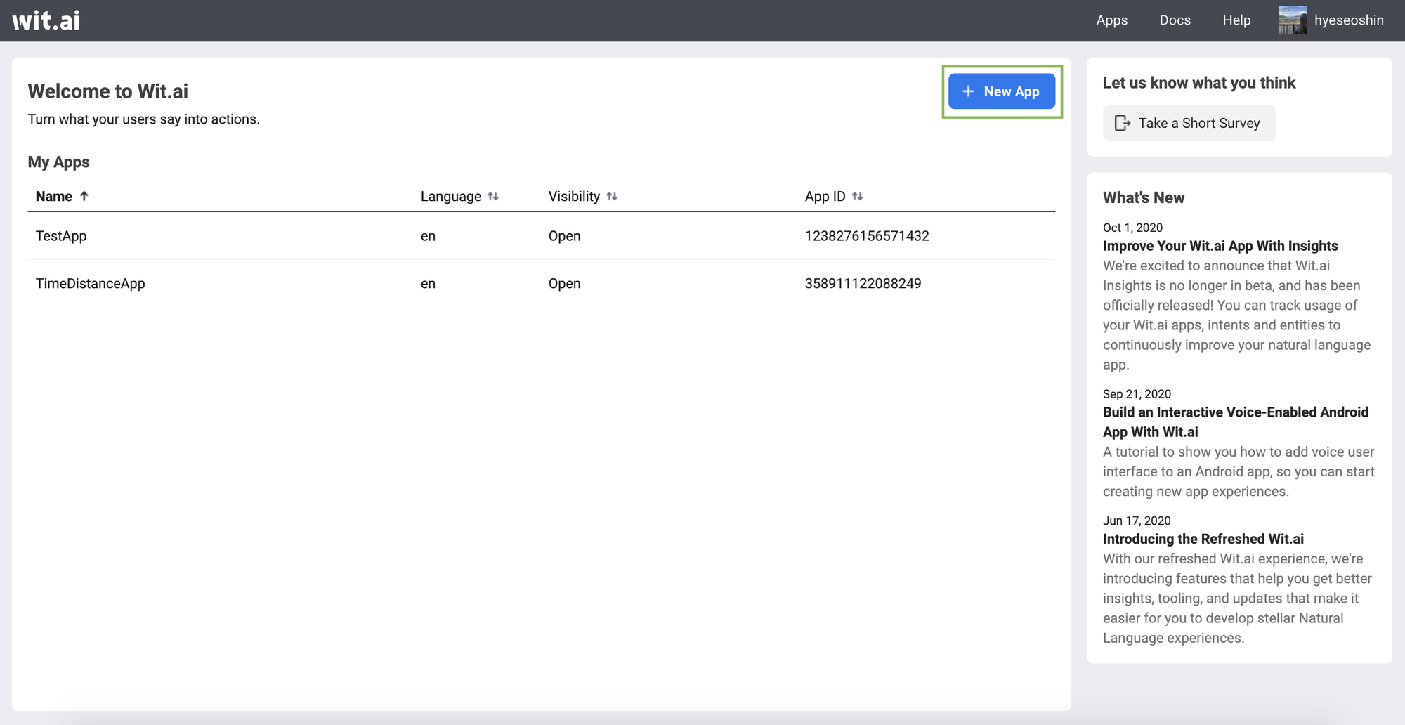 Wit.ai dashboard listing chatbot applications with language, visibility, and app ID details.