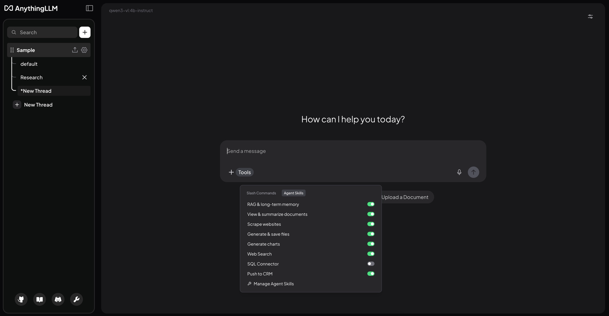 AnythingLLM dark-mode chat interface with workspace navigation and selectable AI models.