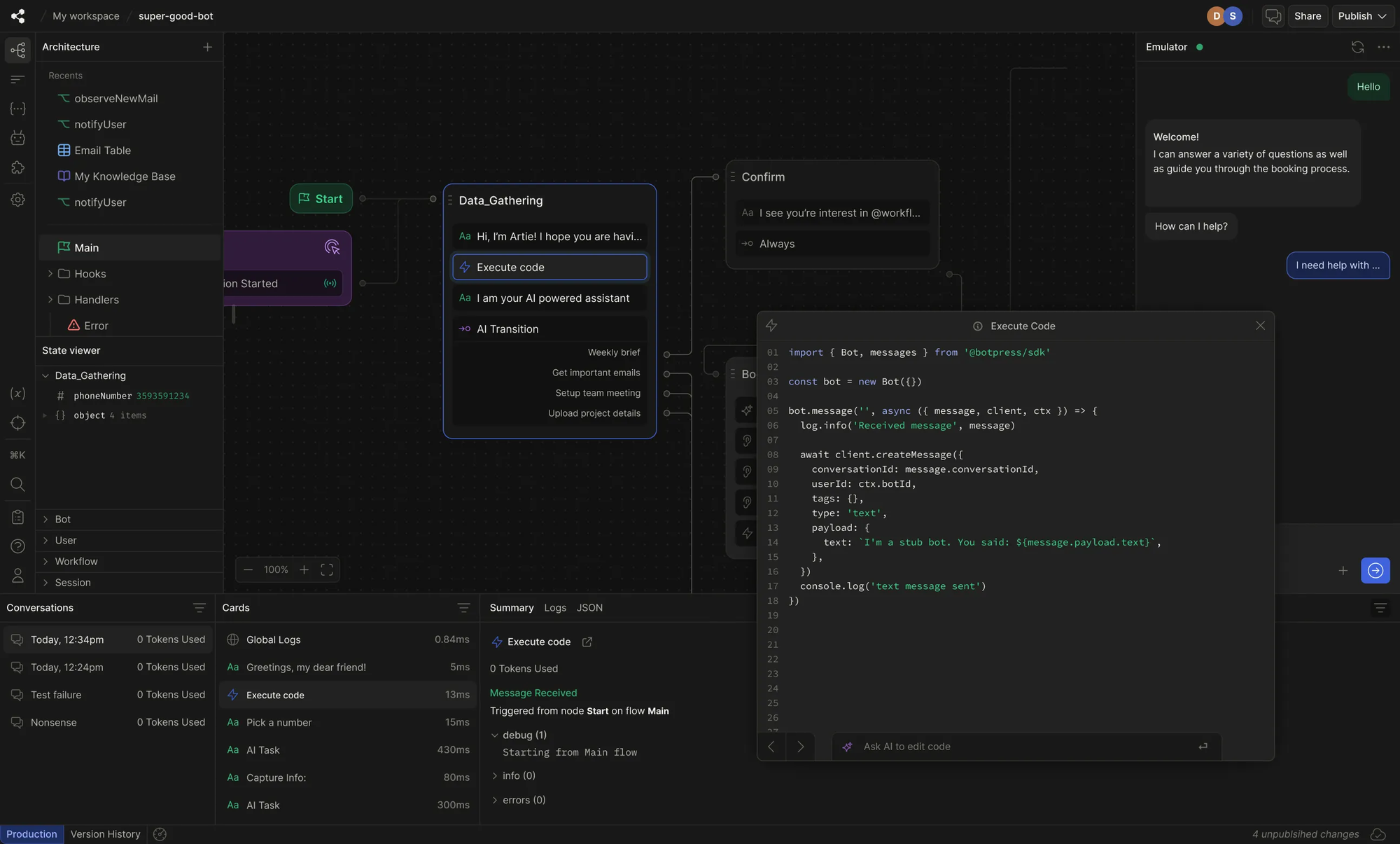 Botpress chatbot builder interface showing a conversation flow, code editor, and test chat preview.