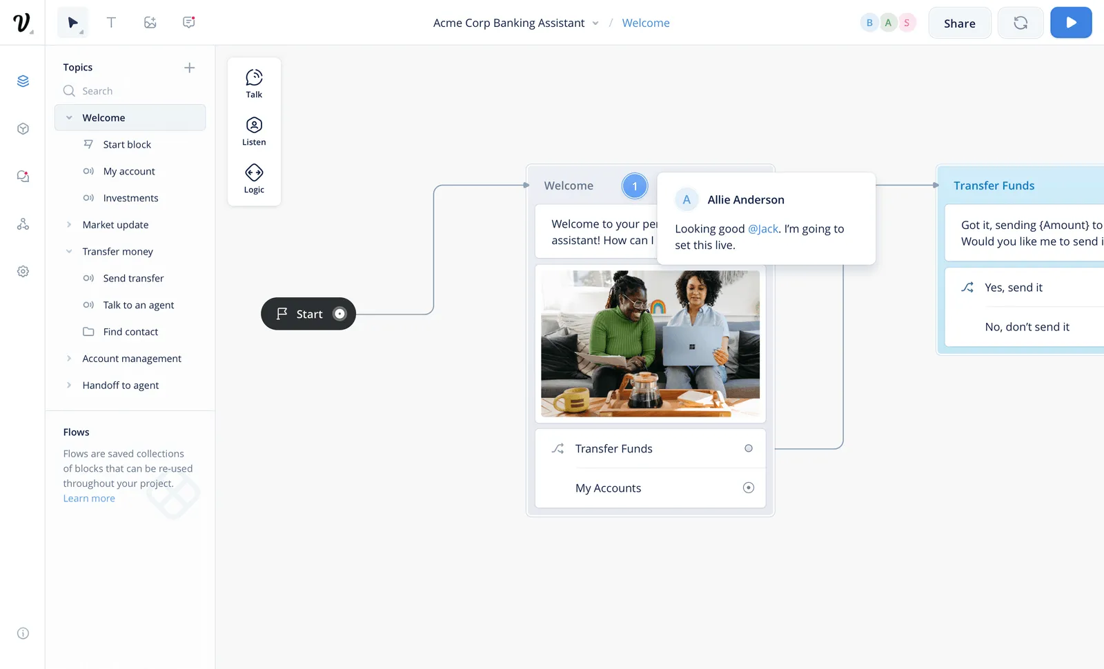 Voiceflow chatbot builder showing a banking assistant conversation flow on a clean visual canvas.