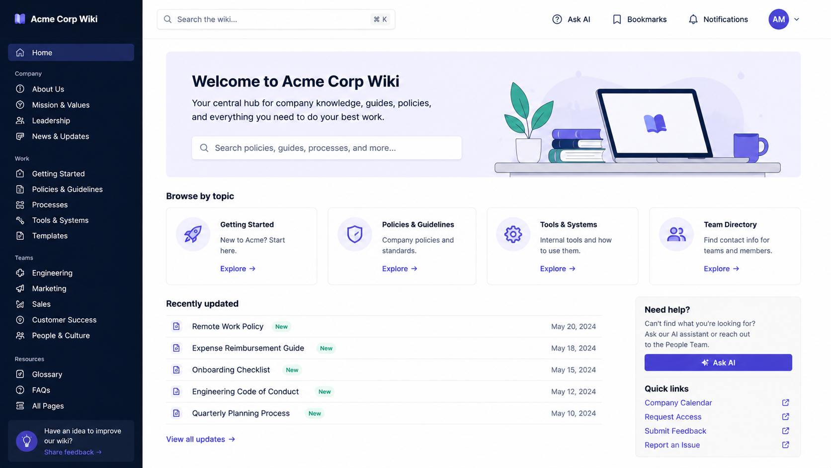 Example corporate wiki homepage with search, company policies, team resources, recently updated pages, and an AI assistant.