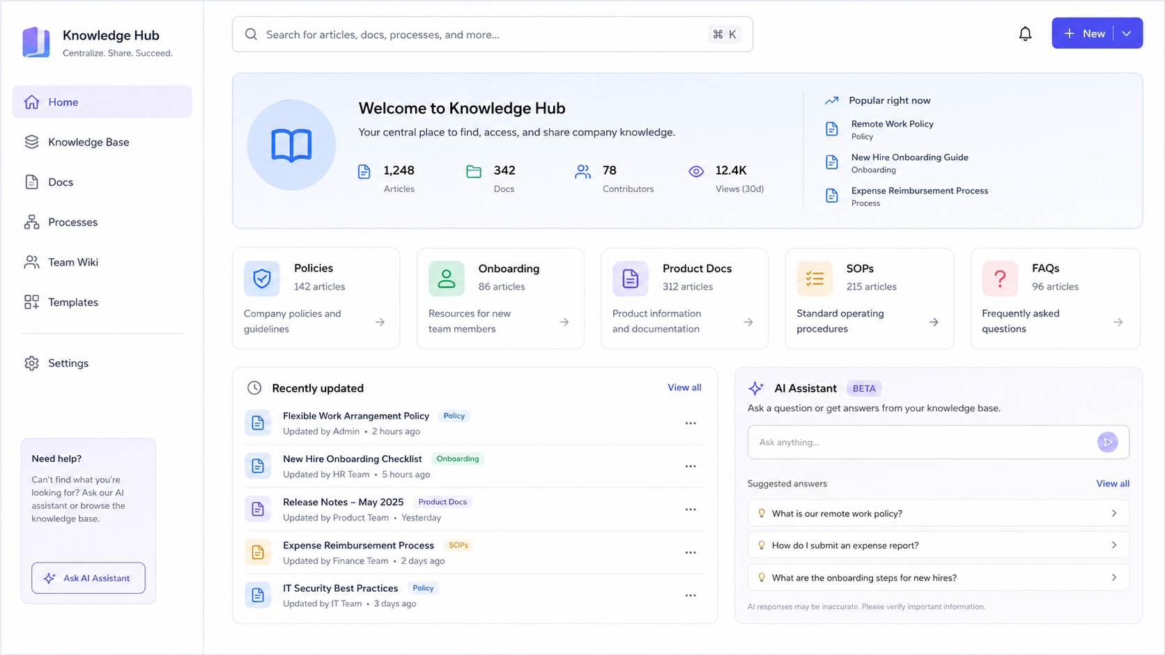 Example knowledge management system dashboard with searchable articles, company policies, onboarding guides, product documentation, recent updates, and an AI assistant.