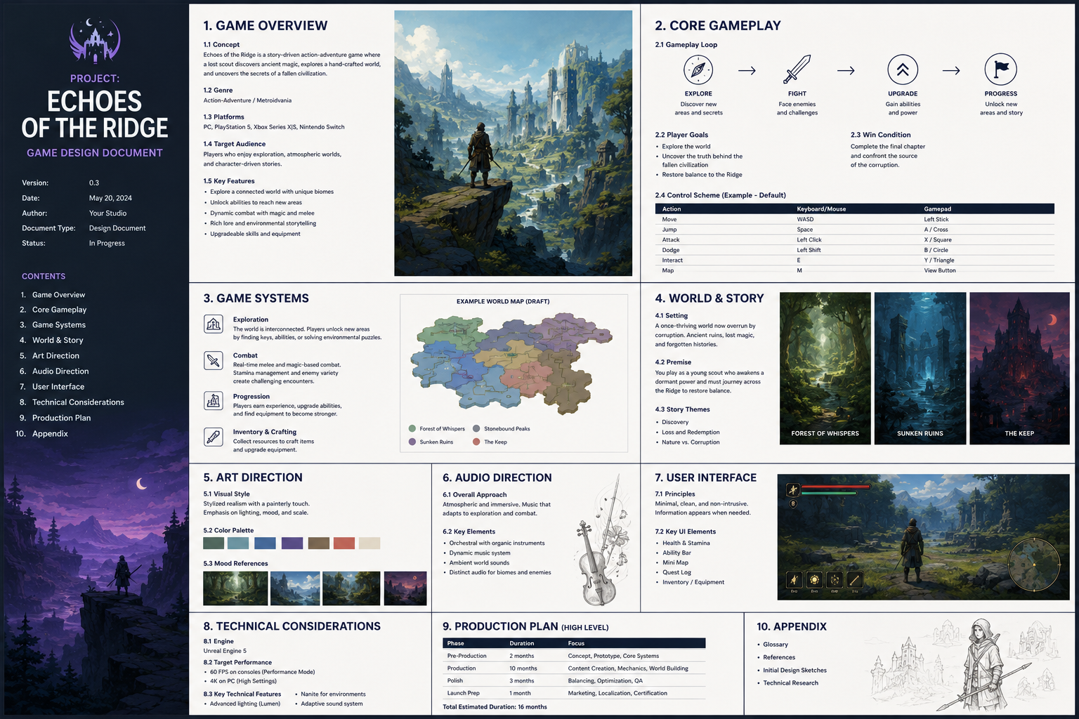 Sample game design document for a fantasy adventure game, covering gameplay, systems, story, art direction, interface, technical requirements, and production planning.