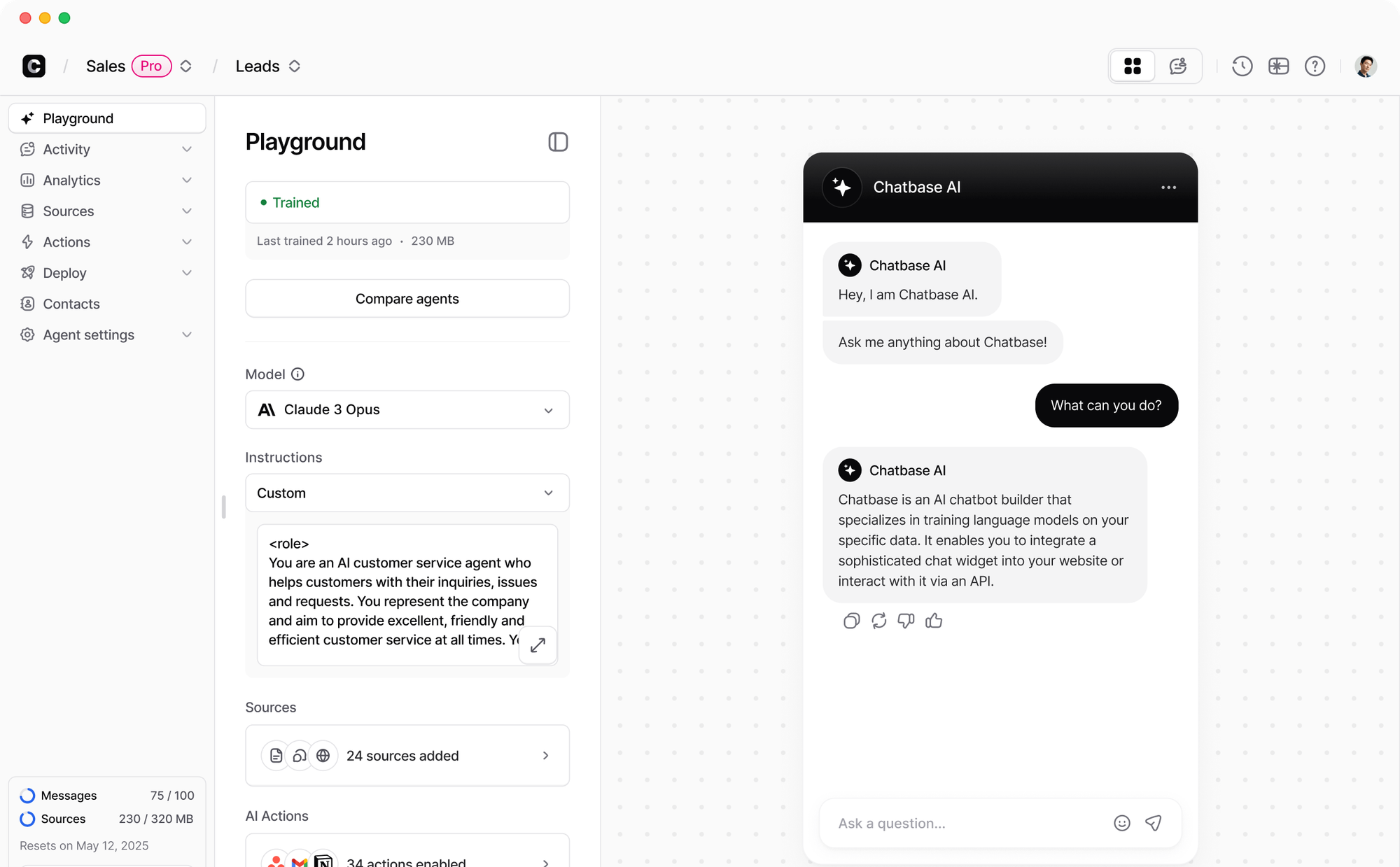 Chatbase dashboard showing a chatbot playground with model settings, sources, and a live chat preview.